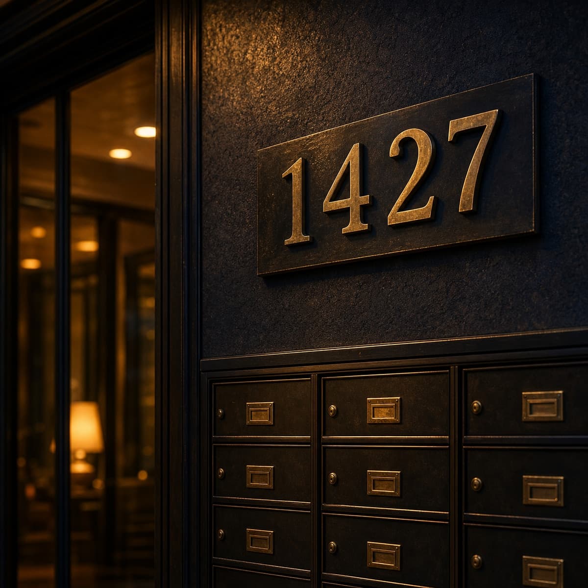 Apartment address plaque above a row of brass mailboxes
