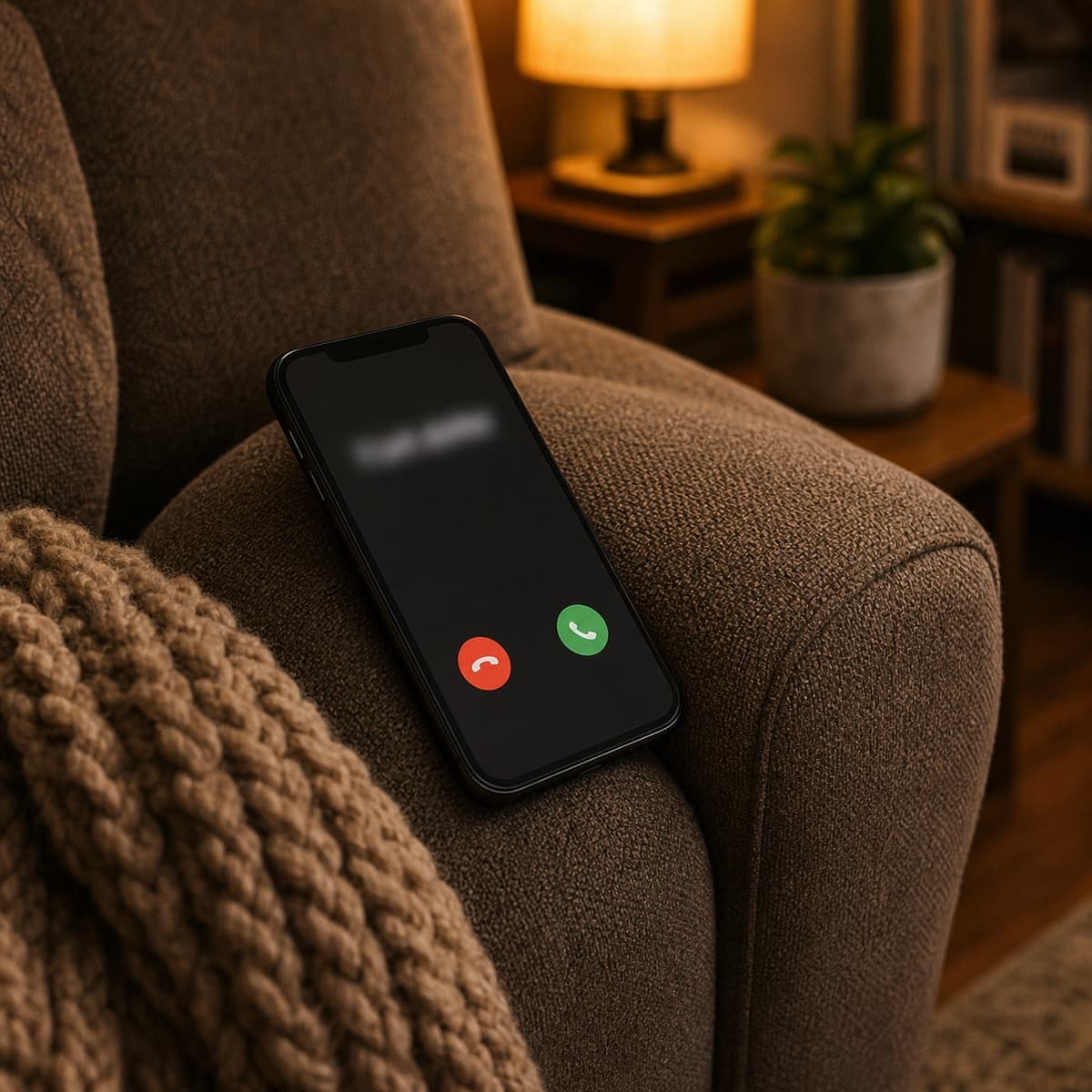 Smartphone showing an advisor call on a warm couch