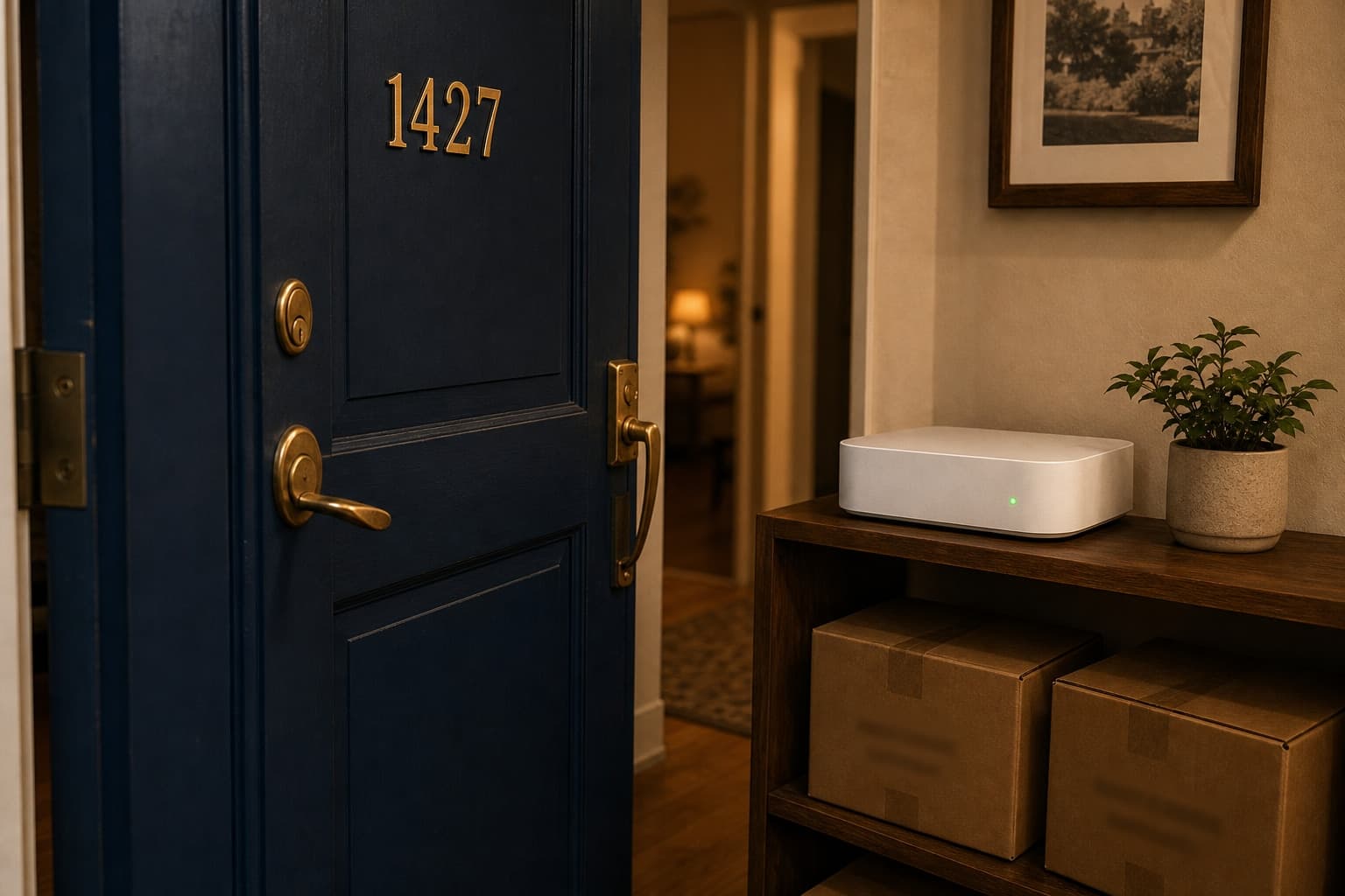Apartment entry with a door, moving boxes, and a small white router
