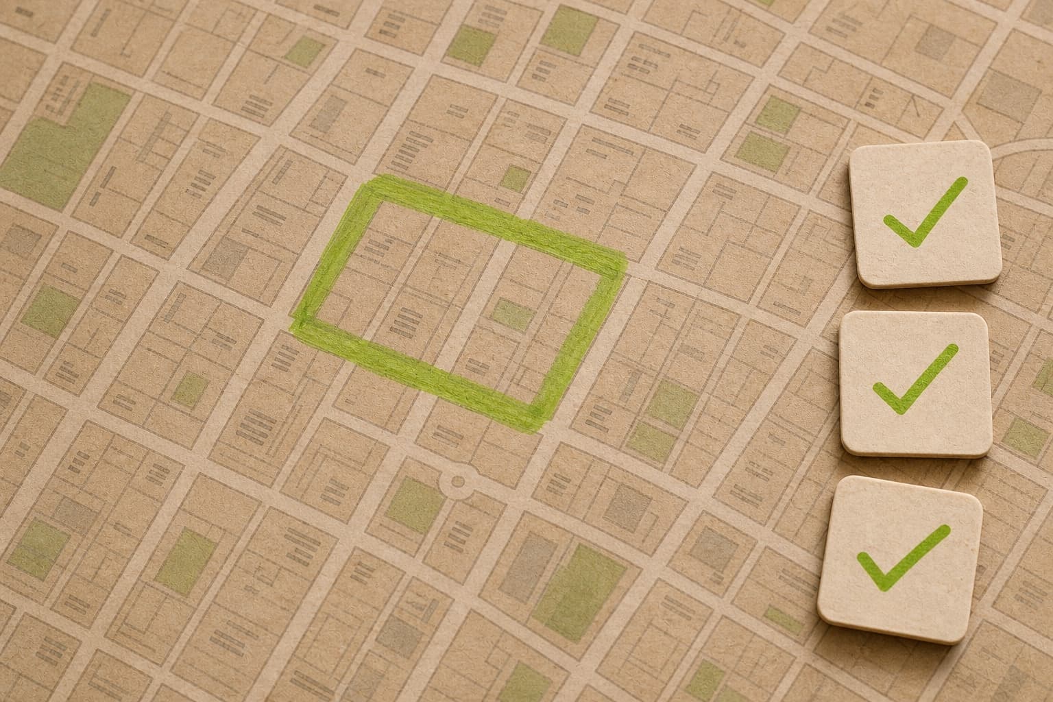 Street map with a highlighted coverage area and generic checked chips
