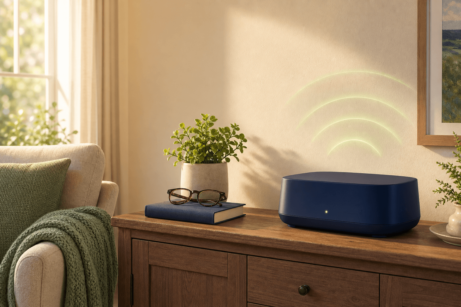 A navy router glowing softly on a wooden console in a warm evening living room