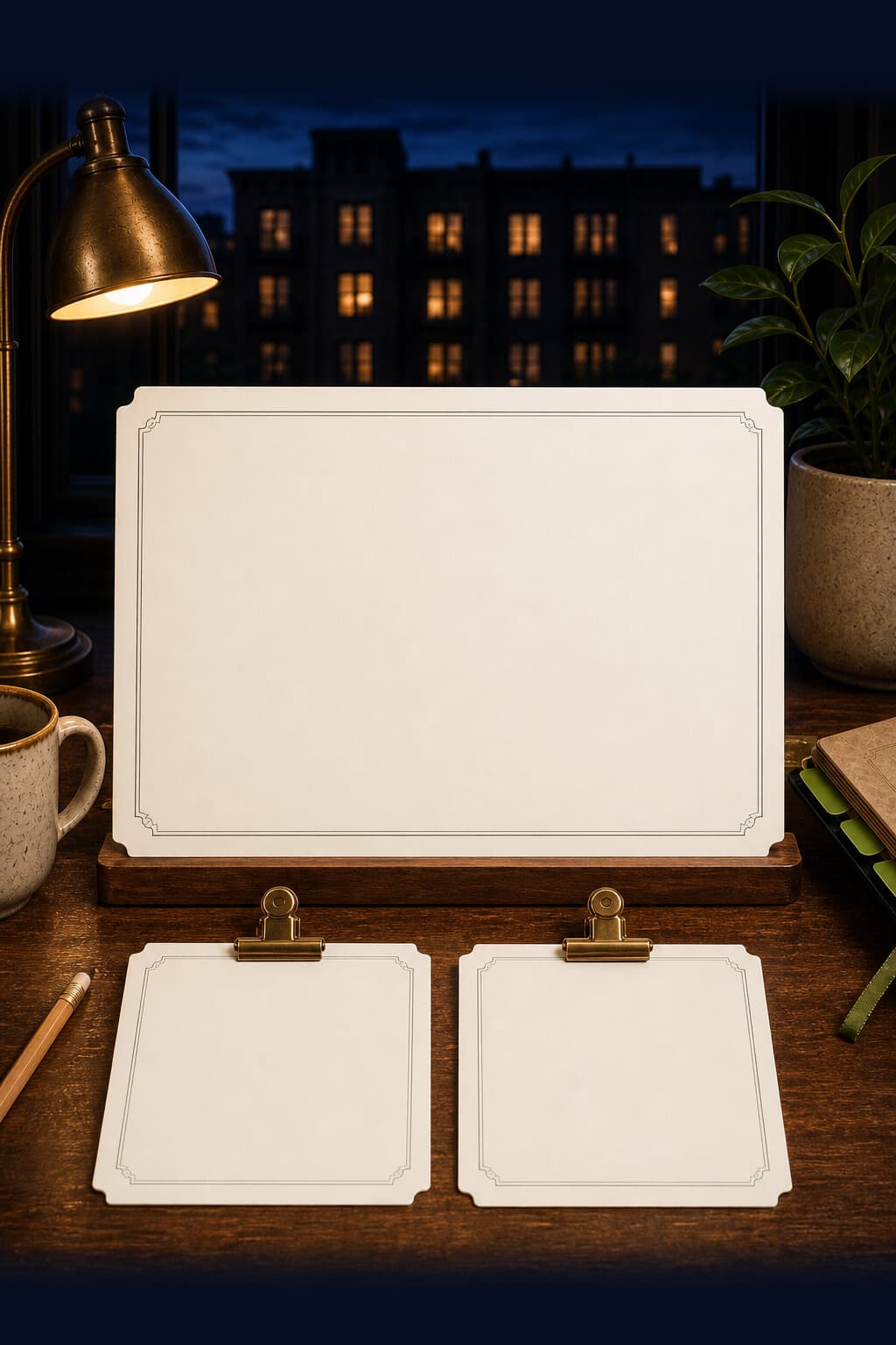Dusk kitchen counter with a cream order pad and two clipped cards
