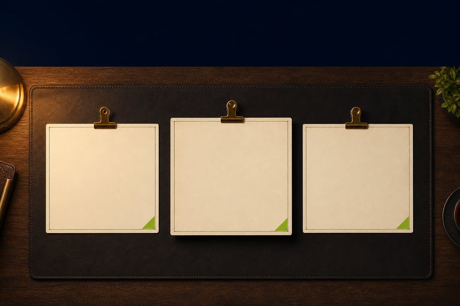 Three parchment plan cards clipped to a leather desk blotter, lamp-lit walnut desk