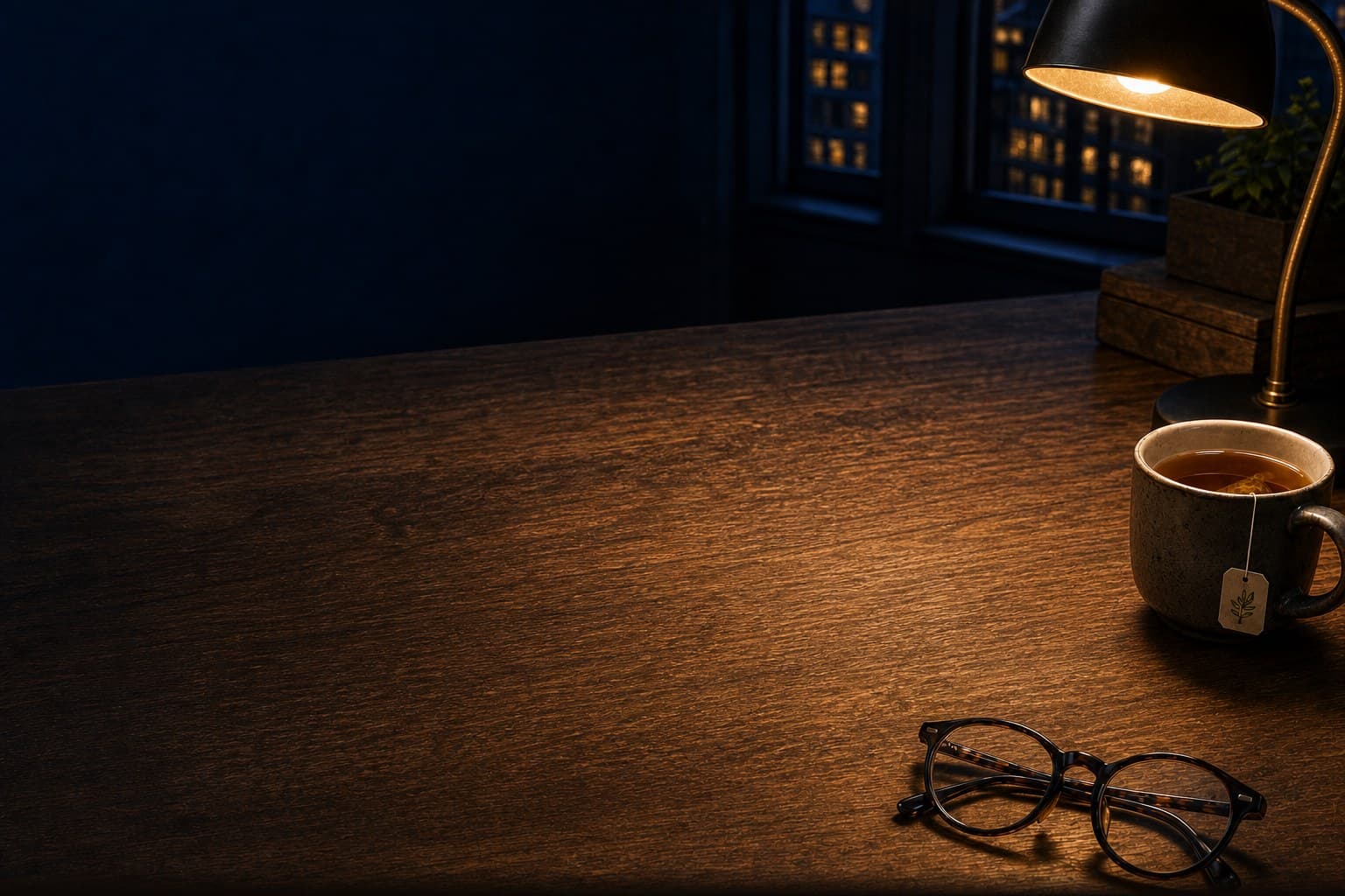 A warm walnut desk in an apartment at dusk, lit by a brass lamp