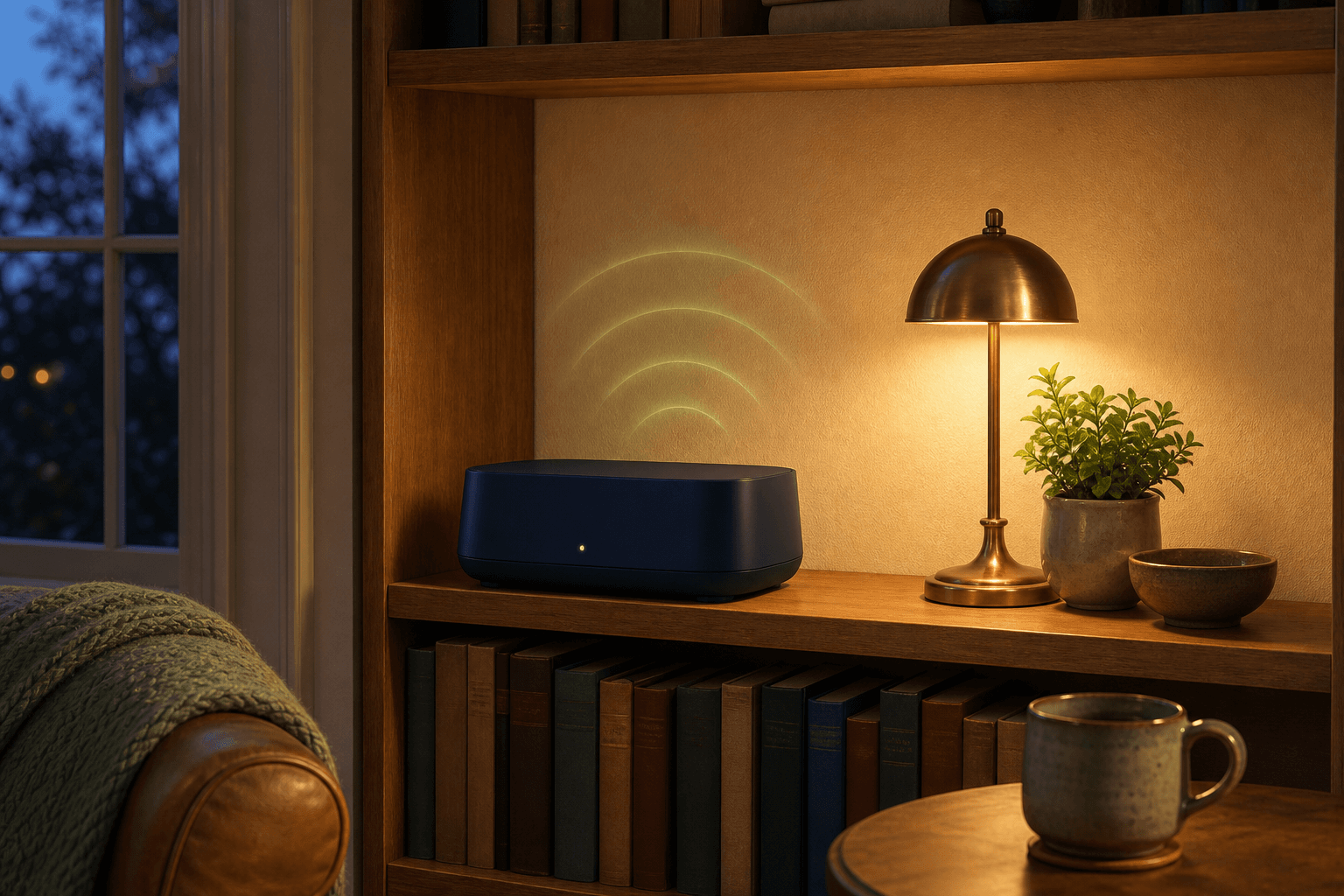 A navy router glowing on a bookshelf in a cozy den at dusk